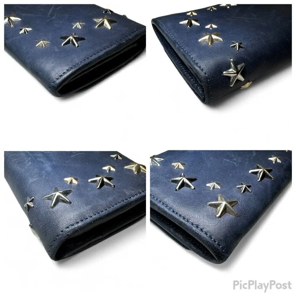 Jimmy Choo Navy Blue Long Leather Wallet with Silver Star Studs